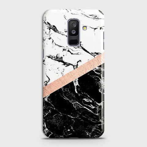 Samsung A6 Plus 2018 Cover - Black & White Marble With Chic RoseGold Strip Case with Life Time Colors Guarantee