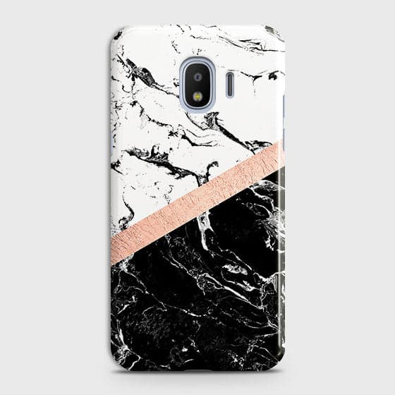 Samsung Galaxy J4 Cover - Black & White Marble With Chic RoseGold Strip Case with Life Time Colors Guarantee