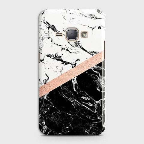 Samsung Galaxy J1 2016 / J120 Cover - Black & White Marble With Chic RoseGold Strip Case with Life Time Colors Guarantee
