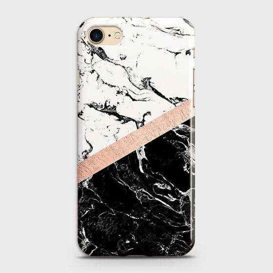 iPhone 7 & iPhone 8 Cover - Black & White Marble With Chic RoseGold Strip Case with Life Time Colors Guarantee B (31) 1