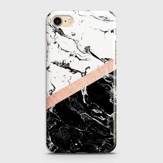 iPhone 7 & iPhone 8 Cover - Black & White Marble With Chic RoseGold Strip Case with Life Time Colors Guarantee (Fast Delivery) (A)