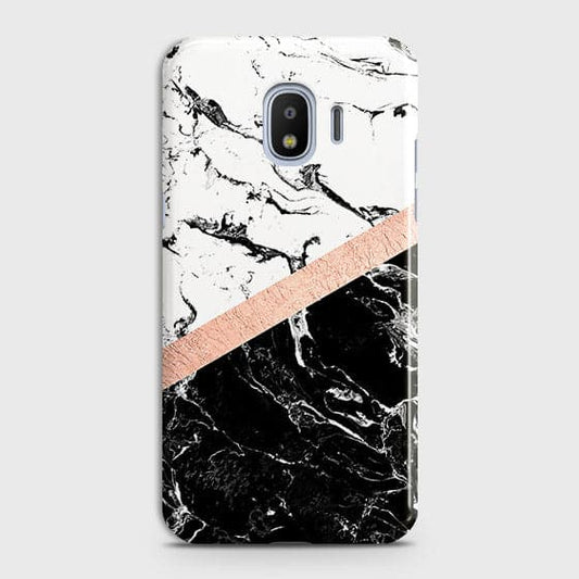 Samsung Galaxy J2 Pro 2018 Cover - Black & White Marble With Chic RoseGold Strip Case with Life Time Colors Guarantee