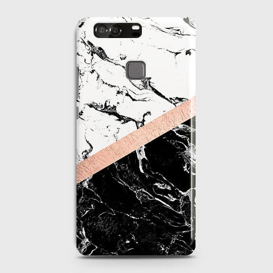 Huawei P9 Cover - Black & White Marble With Chic RoseGold Strip Case with Life Time Colors Guarantee