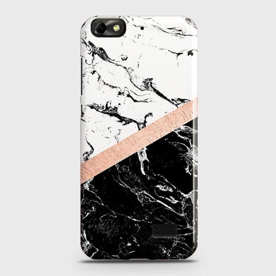 Huawei Honor 4C Cover - Black & White Marble With Chic RoseGold Strip Case with Life Time Colors Guarantee