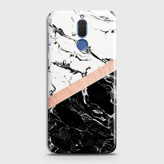 Huawei Mate 10 Lite Cover - Black & White Marble With Chic RoseGold Strip Case with Life Time Colors Guarantee