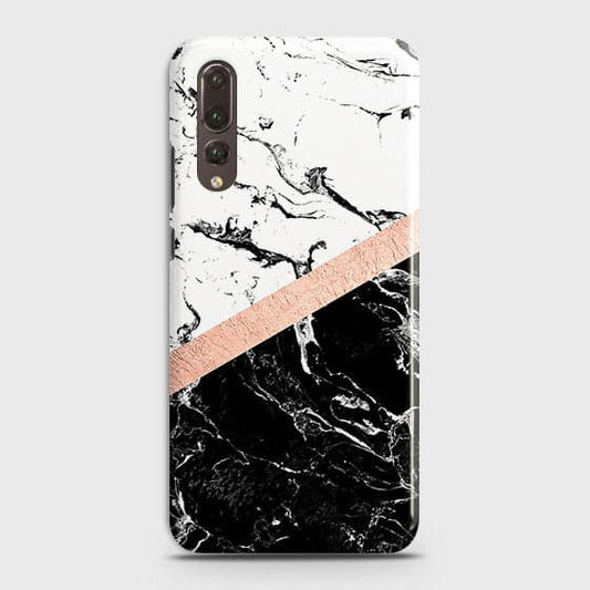 Huawei P20 Pro Cover - Black & White Marble With Chic RoseGold Strip Case with Life Time Colors Guarantee