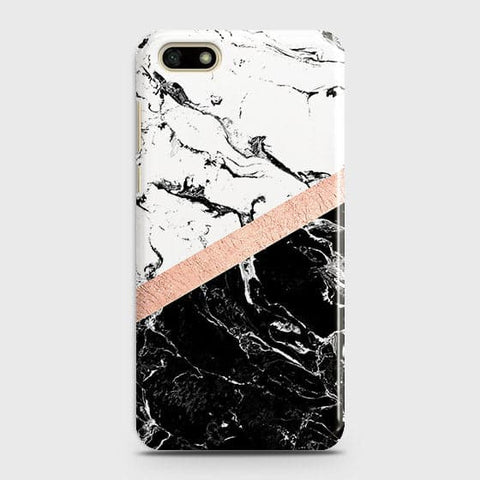 Huawei Y5 Prime 2018 Cover - Black & White Marble With Chic RoseGold Strip Case with Life Time Colors Guarantee