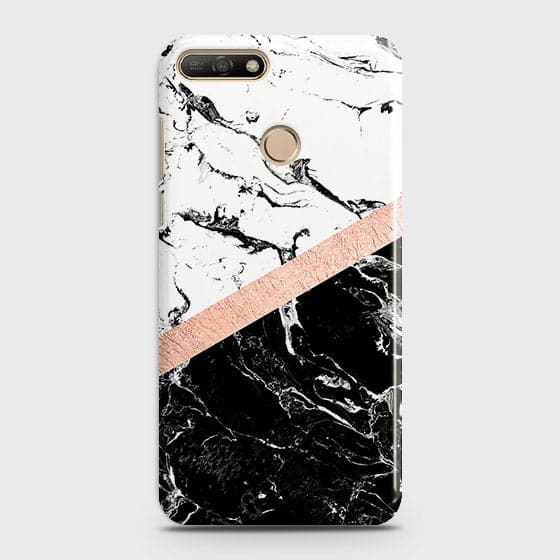 Huawei Y7 2018 Cover - Black & White Marble With Chic RoseGold Strip Case with Life Time Colors Guarantee