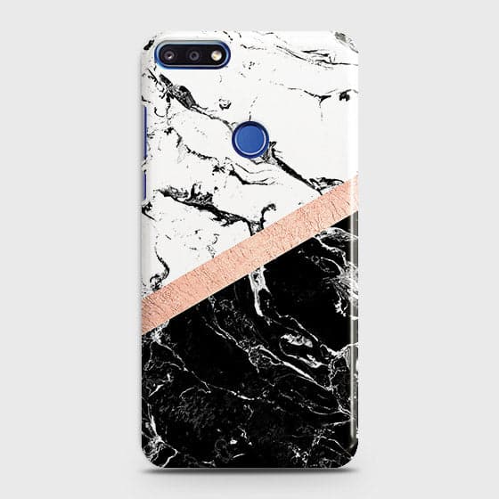 Huawei Y7 Prime 2018 Cover - Black & White Marble With Chic RoseGold Strip Case with Life Time Colors Guarantee