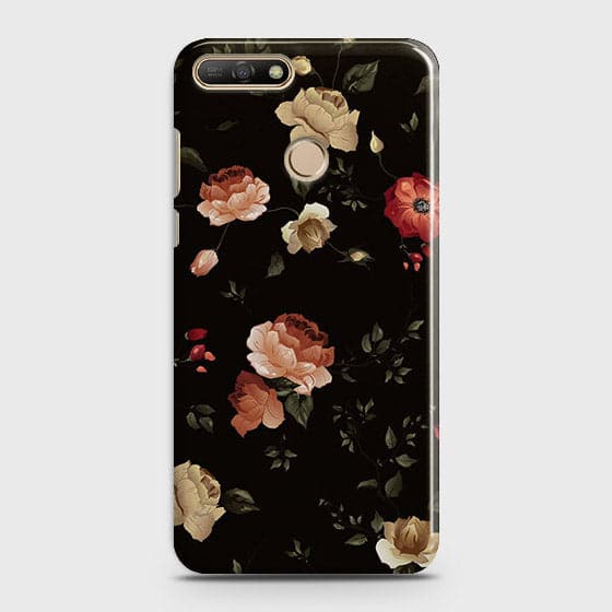 Huawei Y7 2018 Cover - Matte Finish - Dark Rose Vintage Flowers Printed Hard Case with Life Time Colors Guarantee