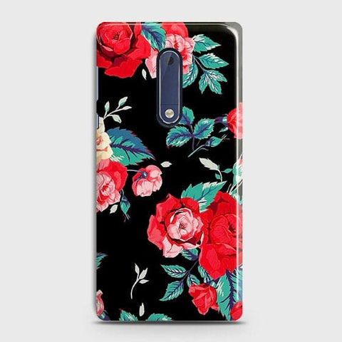 Nokia 5 Cover - Luxury Vintage Red Flowers Printed Hard Case with Life Time Colors Guarantee