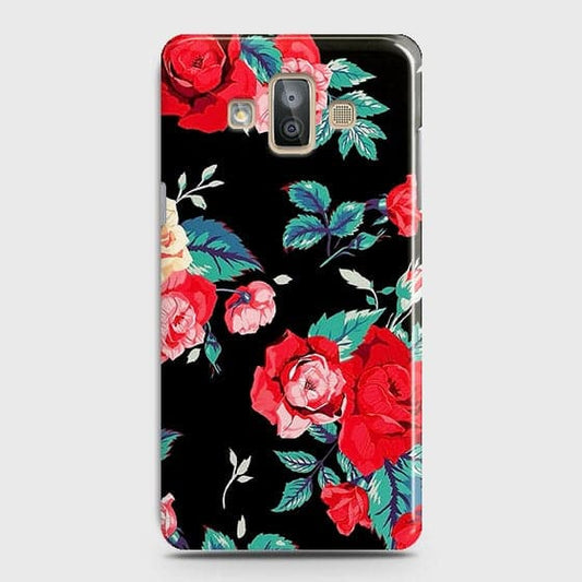 Samsung Galaxy J7 Duo Cover - Luxury Vintage Red Flowers Printed Hard Case with Life Time Colors Guarantee