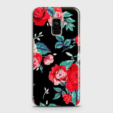 Samsung A8 2018 Cover - Luxury Vintage Red Flowers Printed Hard Case with Life Time Colors Guarantee