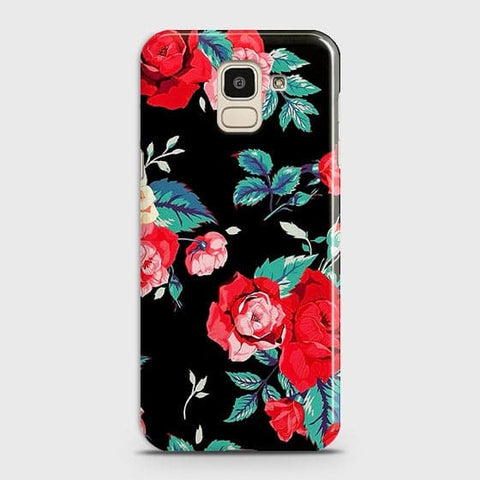 Samsung J6 2018 Cover - Luxury Vintage Red Flowers Printed Hard Case with Life Time Colors Guarantee