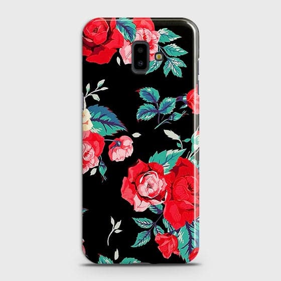 Samsung J6 Plus 2018 Cover - Luxury Vintage Red Flowers Printed Hard Case with Life Time Colors Guarantee