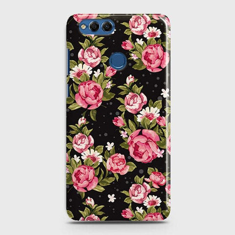 Huawei Honor 7X Cover - Trendy Pink Rose Vintage Flowers Printed Hard Case with Life Time Colors Guarantee