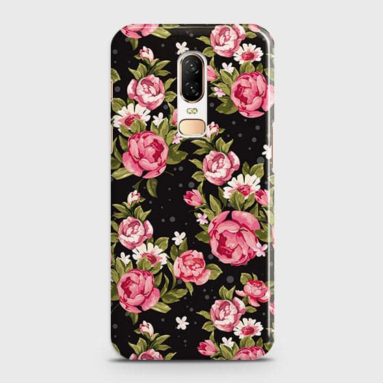 OnePlus 6 Cover - Trendy Pink Rose Vintage Flowers Printed Hard Case with Life Time Colors Guarantee