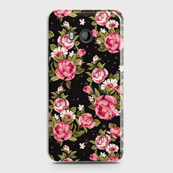 HTC U11 Cover - Trendy Pink Rose Vintage Flowers Printed Hard Case with Life Time Colors Guarantee