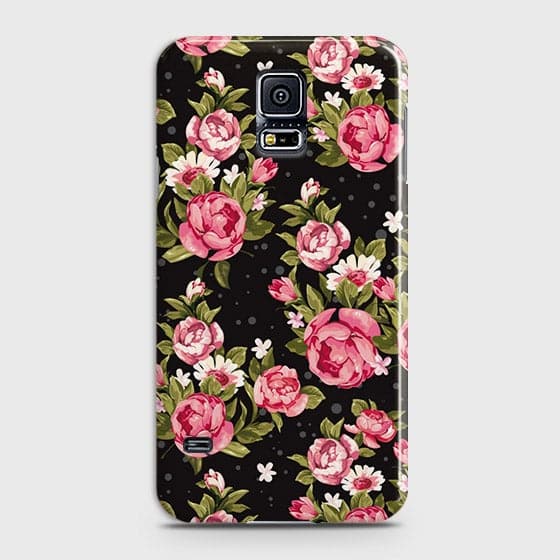 Samsung Galaxy S5 Cover - Trendy Pink Rose Vintage Flowers Printed Hard Case with Life Time Colors Guarantee