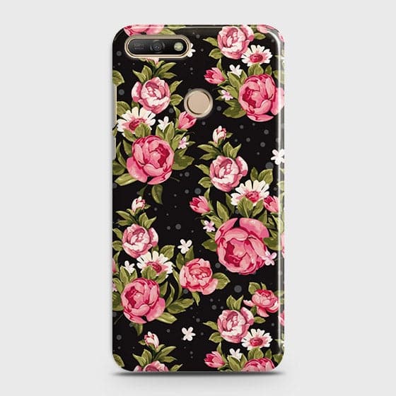Huawei Y7 2018 Cover - Trendy Pink Rose Vintage Flowers Printed Hard Case with Life Time Colors Guarantee