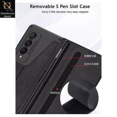 Samsung Galaxy Z Fold 4 5G Cover - Brown - GKK Removable S Pen Holder Flip Stand Folding Cover With Card Slot - (S Pen Not Included)