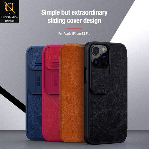 iPhone 13 Pro Max Cover - Blue - Nillkin Qin Pro Series Leather Flip Book with Camera Slide Protection Case