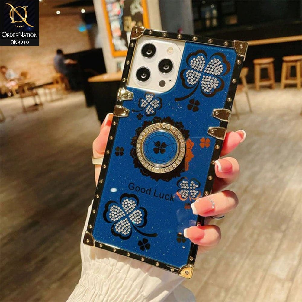 iPhone 14 Pro Max Cover - Blue - Square Bling Diamond Glitter Soft TPU Trunk Case with Ring Holder