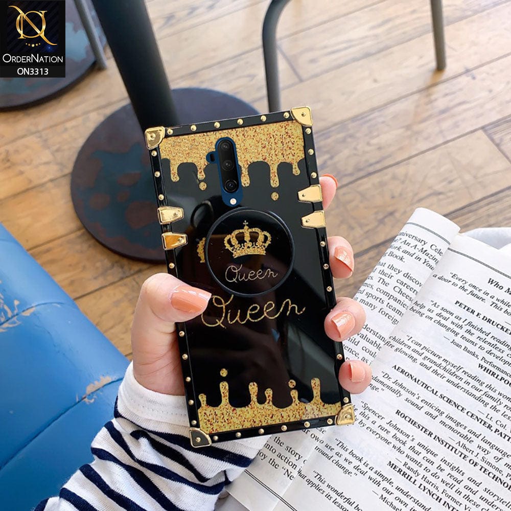 OnePlus 7T Pro 5G McLaren Cover - Black - Golden Electroplated Luxury Square Soft TPU Protective Case with Popsocket Holder