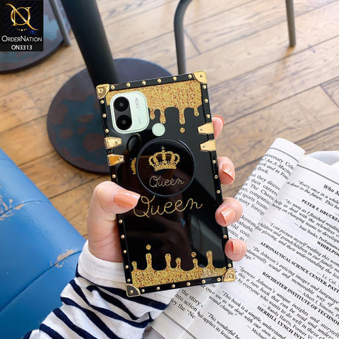 Xiaomi Redmi A1 Plus Cover - Black - Golden Electroplated Luxury Square Soft TPU Protective Case with Popsocket Holder