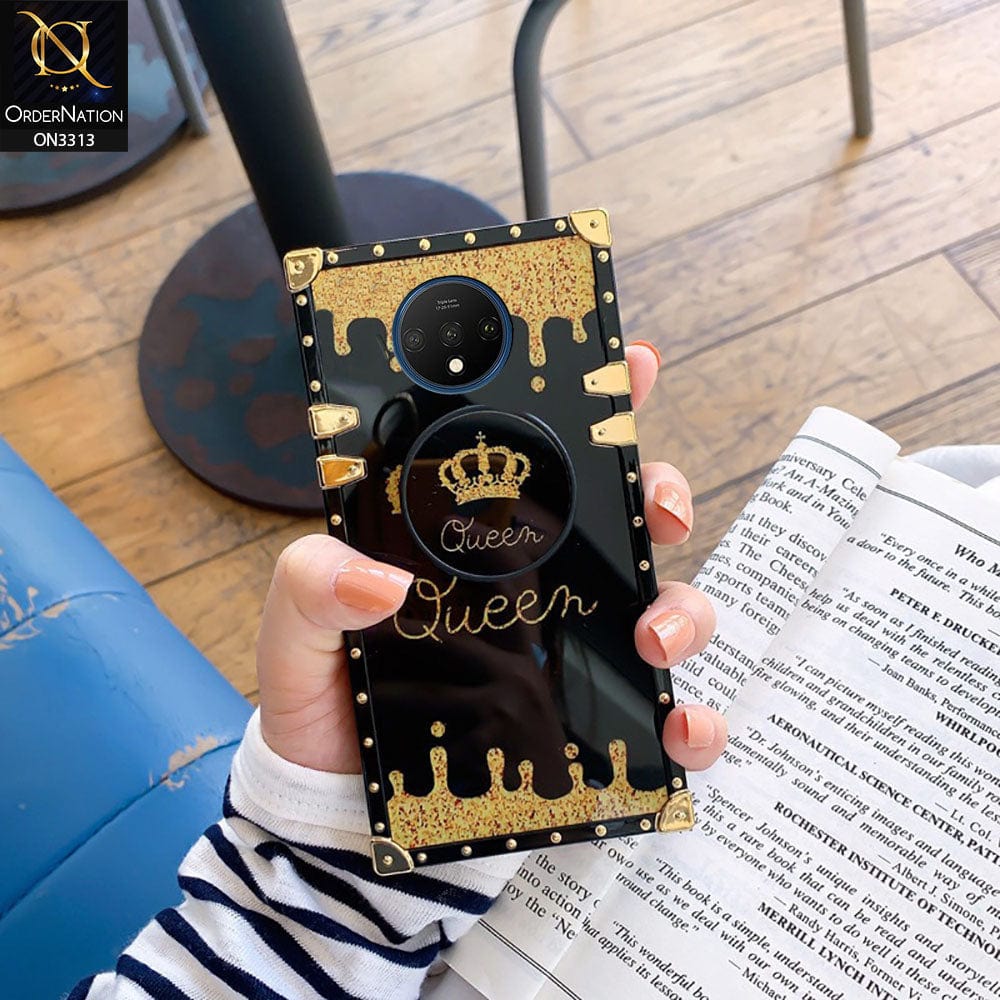 OnePlus 7T Cover - Black - Golden Electroplated Luxury Square Soft TPU Protective Case with Popsocket Holder
