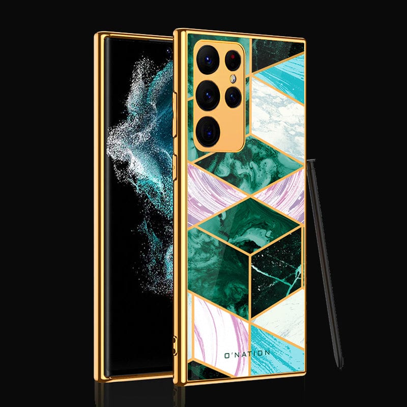 Samsung Galaxy S22 Ultra 5G Cover - O'Nation Shades of Marble Series - Premium Electroplated Infinity Ultra Shine Glass Soft Silicon Borders Case