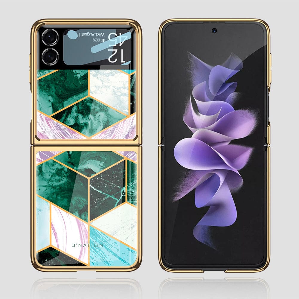 Samsung Galaxy Z Flip 3 5G Cover - O'Nation Shades of Marble Series - Premium Electroplated Infinity Ultra Shine Glass Soft Silicon Borders Case