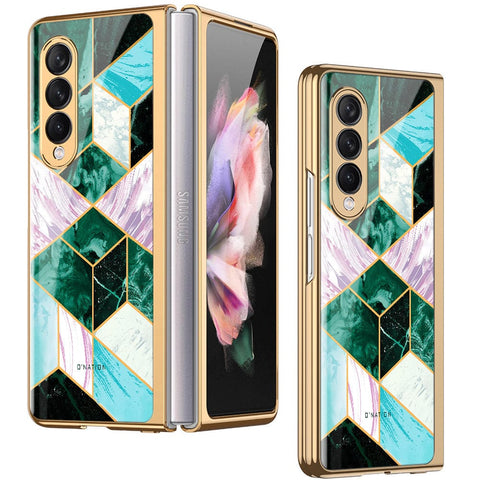 Samsung Galaxy Z Fold 3 5G Cover - O'Nation Shades of Marble Series - Premium Electroplated Infinity Ultra Shine Glass Soft Silicon Borders Case