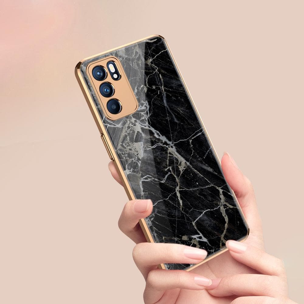 Oppo Reno 6 Pro 5G Cover - Black Marble Series - Premium Electroplated Infinity Ultra Shine Glass Soft Silicon Borders Case