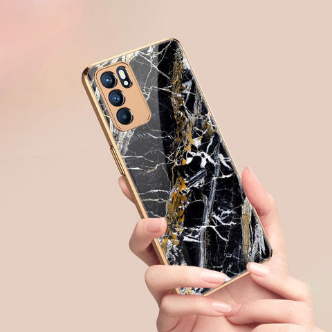 Oppo Reno 6 Pro 5G Cover - Black Marble Series - Premium Electroplated Infinity Ultra Shine Glass Soft Silicon Borders Case