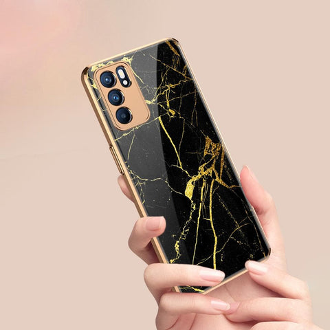 Oppo Reno 6 Pro 5G Cover - Black Marble Series - Premium Electroplated Infinity Ultra Shine Glass Soft Silicon Borders Case