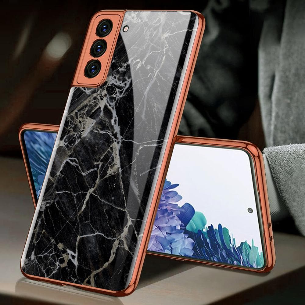 Samsung Galaxy S21 Plus 5G Cover - Black Marble Series - Premium Electroplated Infinity Ultra Shine Glass Soft Silicon Borders Case