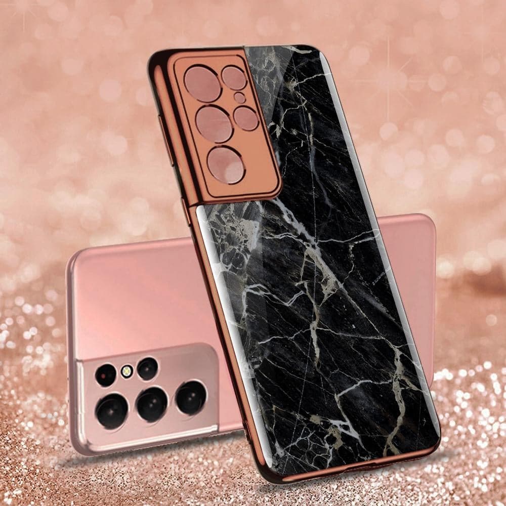 Samsung Galaxy S21 Ultra 5G Cover - Black Marble Series - Premium Electroplated Infinity Ultra Shine Glass Soft Silicon Borders Case