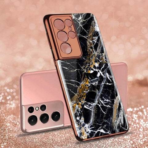 Samsung Galaxy S21 Ultra 5G Cover - Black Marble Series - Premium Electroplated Infinity Ultra Shine Glass Soft Silicon Borders Case