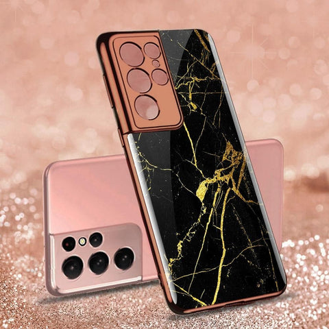Samsung Galaxy S21 Ultra 5G Cover - Black Marble Series - Premium Electroplated Infinity Ultra Shine Glass Soft Silicon Borders Case