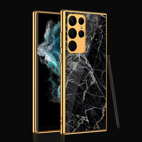 Samsung Galaxy S22 Ultra 5G Cover- Black Marble Series - Premium Electroplated Infinity Ultra Shine Glass Soft Silicon Borders Case