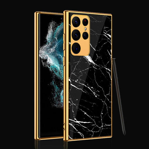 Samsung Galaxy S22 Ultra 5G Cover- Black Marble Series - Premium Electroplated Infinity Ultra Shine Glass Soft Silicon Borders Case