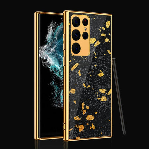 Samsung Galaxy S22 Ultra 5G Cover- Black Marble Series - Premium Electroplated Infinity Ultra Shine Glass Soft Silicon Borders Case