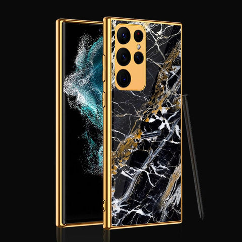 Samsung Galaxy S22 Ultra 5G Cover- Black Marble Series - Premium Electroplated Infinity Ultra Shine Glass Soft Silicon Borders Case