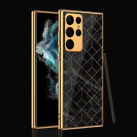 Samsung Galaxy S22 Ultra 5G Cover- Black Marble Series - Premium Electroplated Infinity Ultra Shine Glass Soft Silicon Borders Case