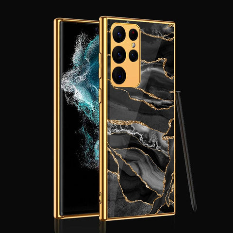 Samsung Galaxy S22 Ultra 5G Cover- Black Marble Series - Premium Electroplated Infinity Ultra Shine Glass Soft Silicon Borders Case