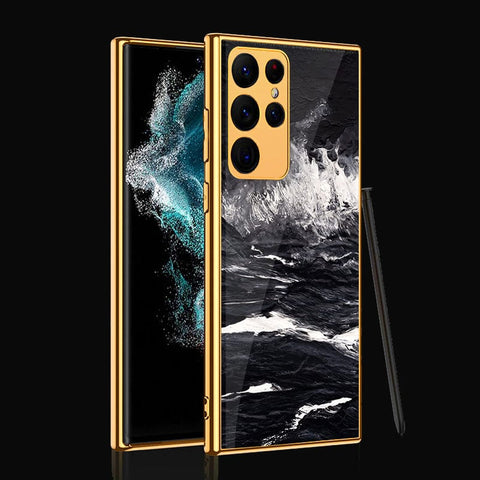 Samsung Galaxy S22 Ultra 5G Cover- Black Marble Series - Premium Electroplated Infinity Ultra Shine Glass Soft Silicon Borders Case