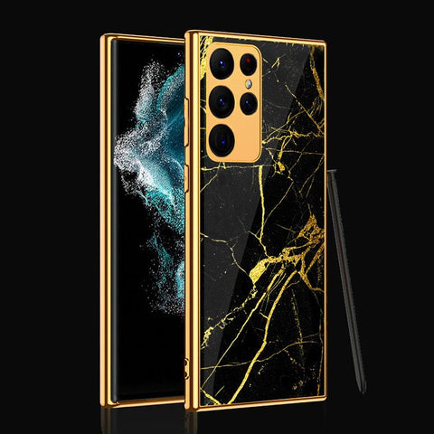 Samsung Galaxy S22 Ultra 5G Cover- Black Marble Series - Premium Electroplated Infinity Ultra Shine Glass Soft Silicon Borders Case