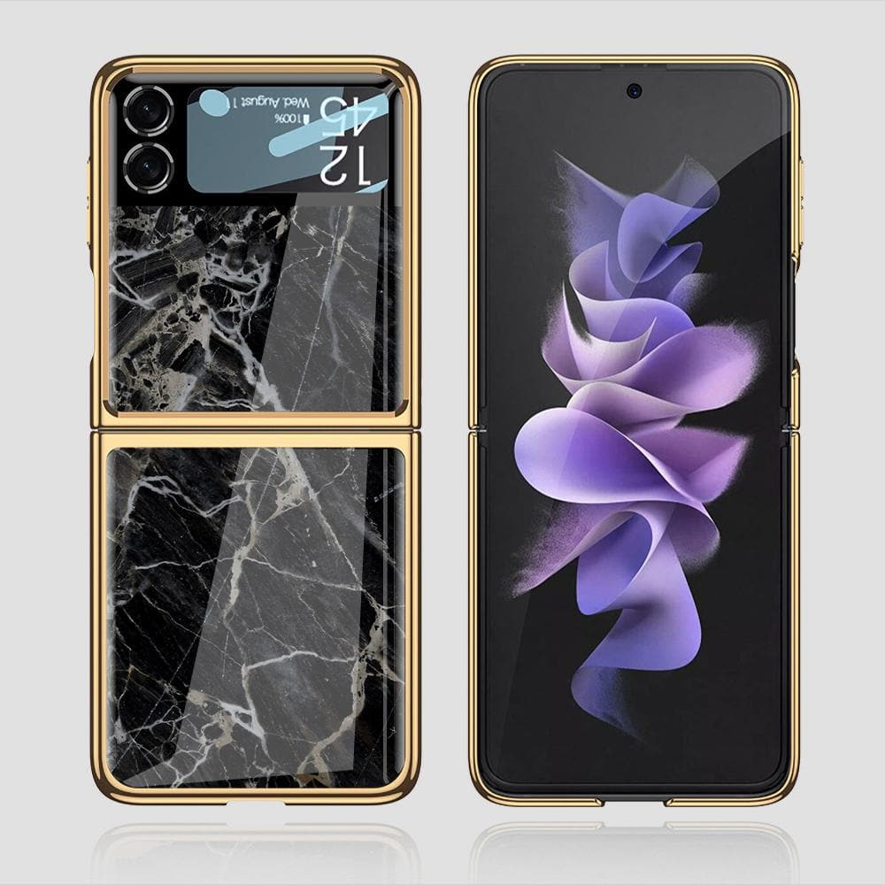 Samsung Galaxy Z Flip 3 5G Cover - Black Marble Series - Premium Electroplated Infinity Ultra Shine Glass Soft Silicon Borders Case