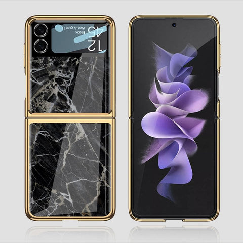 Samsung Galaxy Z Flip 3 5G Cover - Black Marble Series - Premium Electroplated Infinity Ultra Shine Glass Soft Silicon Borders Case
